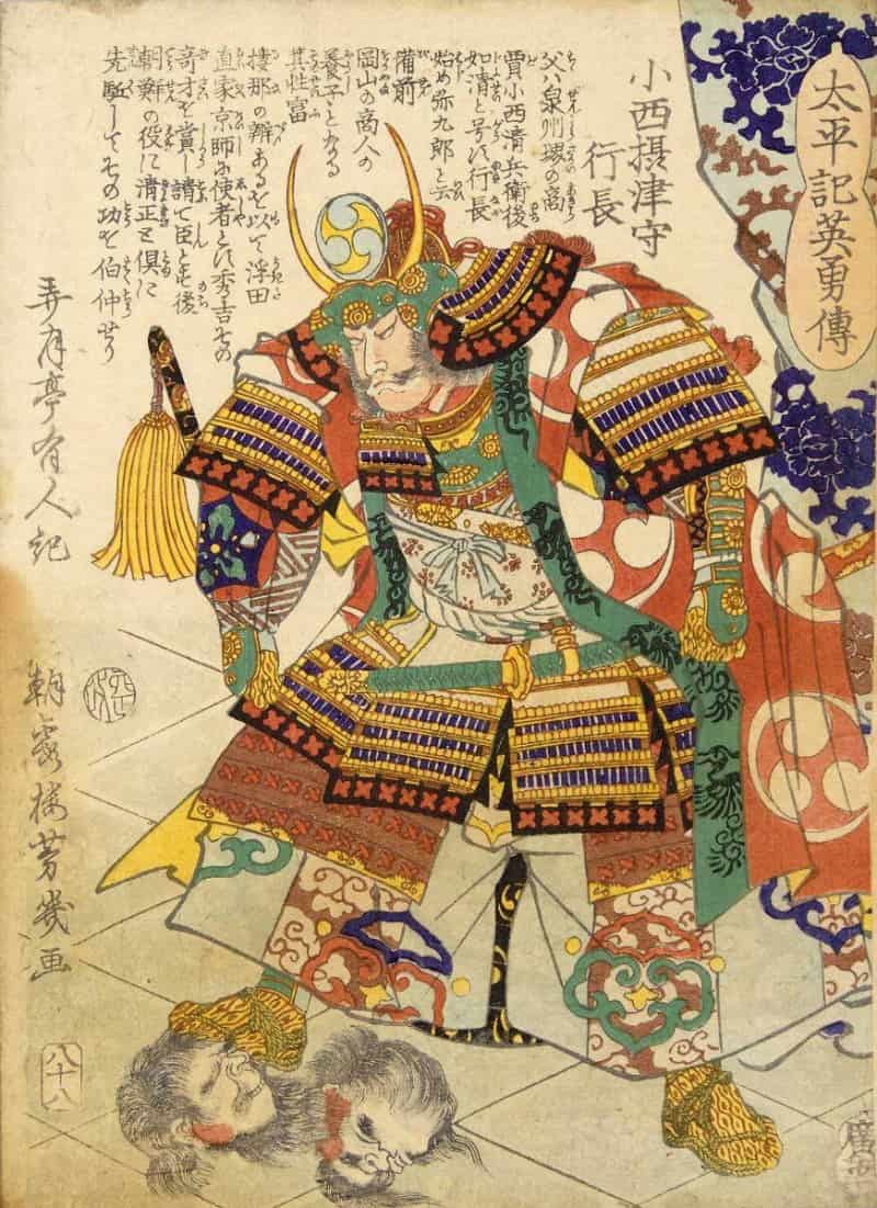Ukiyo-e of a daimyo warlord in ornate layered battle armor with clan banners, standing over a defeated foe