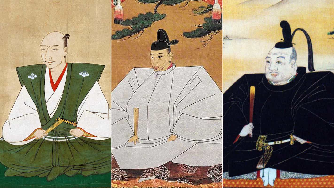 Portrait paintings of Japan's three great unifiers — Oda Nobunaga, Toyotomi Hideyoshi, and Tokugawa Ieyasu — displayed side by side