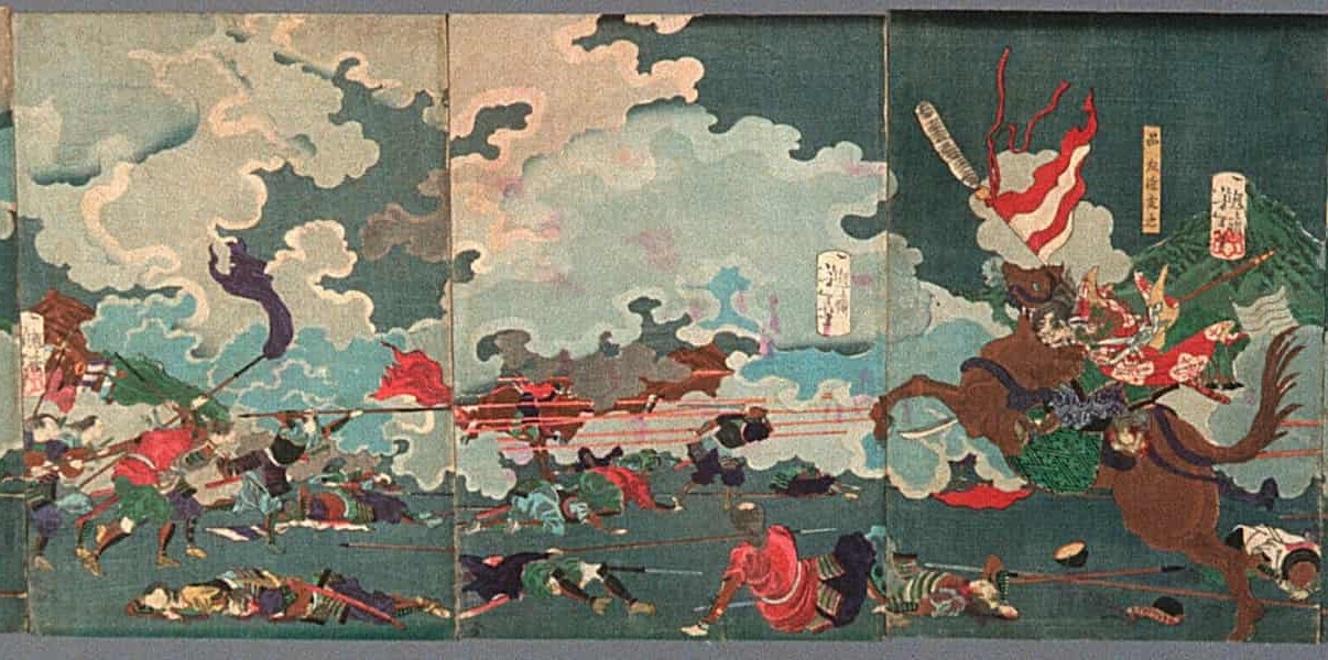 Ukiyo-e battle triptych depicting the Battle of Sekigahara, with cavalry and soldiers clashing amid billowing smoke and fallen warriors