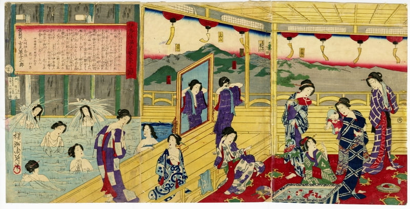 Ukiyo-e triptych of women bathing and dressing in a public sentō bathhouse, with Mount Fuji visible through the window