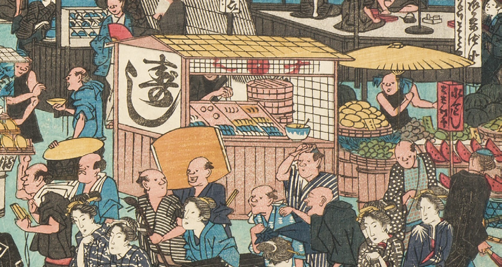 Ukiyo-e of a crowded Edo street market with food stalls and townspeople buying and selling
