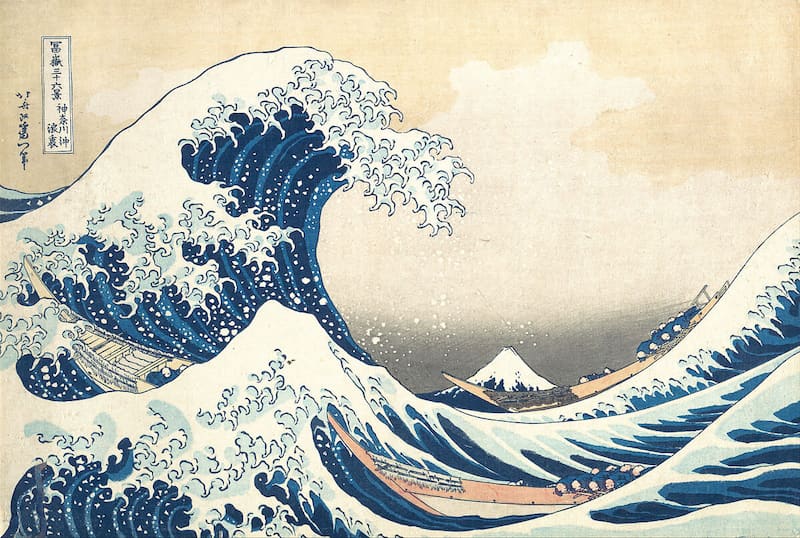 Hokusai's The Great Wave off Kanagawa — a towering curling wave above fishing boats, with Mount Fuji in the distance
