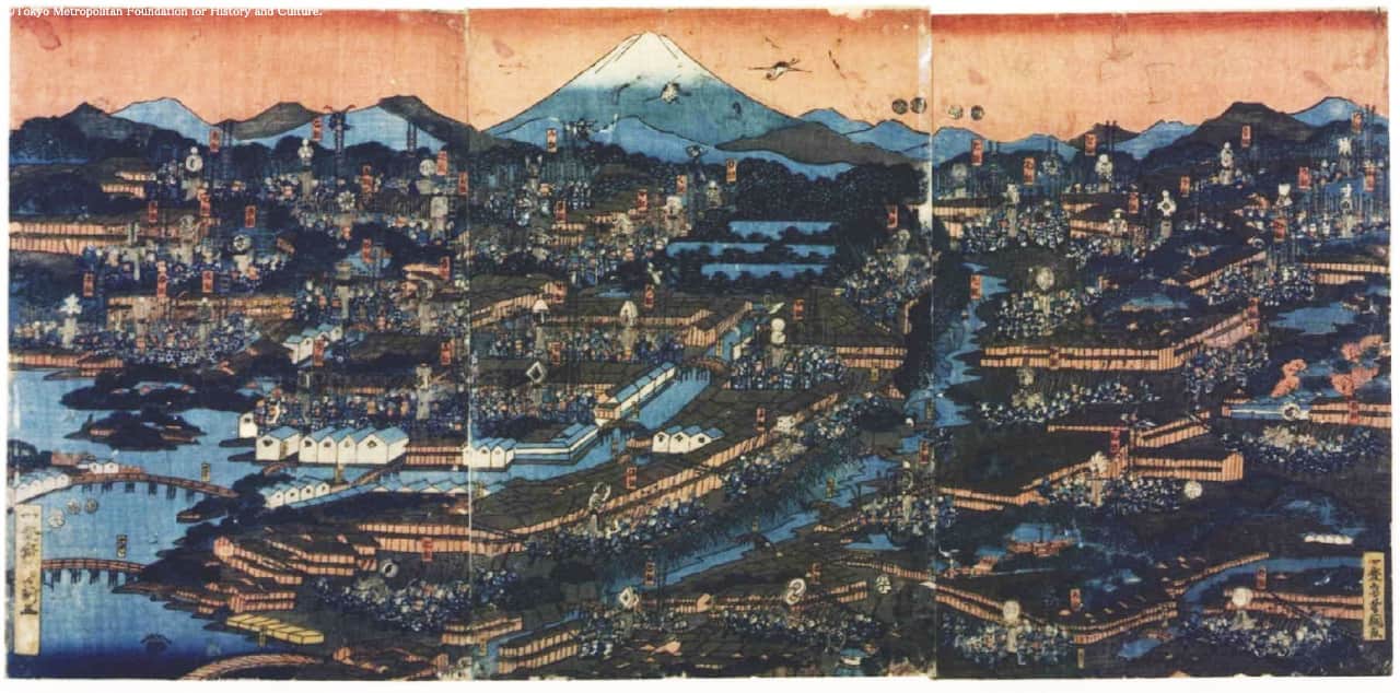 Ukiyo-e panoramic triptych of Edo city lit up with lanterns at night, with a vast urban landscape and Mount Fuji on the horizon