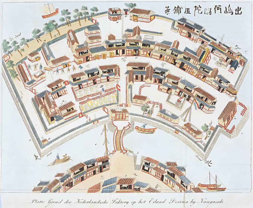 Period map of Dejima, the Dutch trading post island in Nagasaki Harbor, showing the fan-shaped compound with its buildings and surrounding water