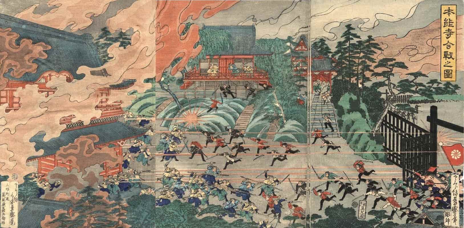 Ukiyo-e triptych of samurai and soldiers fighting amid fire and smoke at a burning temple compound