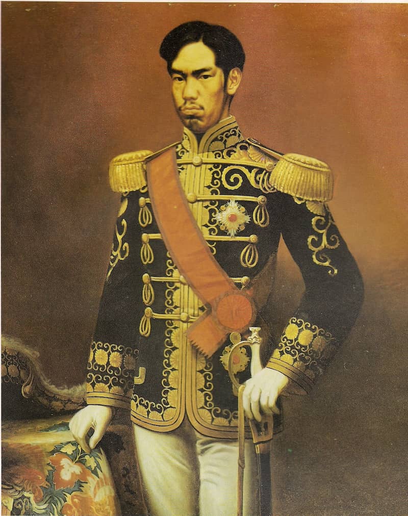 Portrait of Emperor Meiji as a young man in Western-style military dress uniform with gold epaulettes and medals