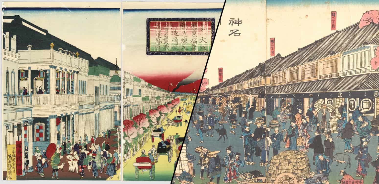 Ukiyo-e of the new Ginza brick district — Western-style red-brick buildings along a broad street with cherry blossoms and horse-drawn carriages