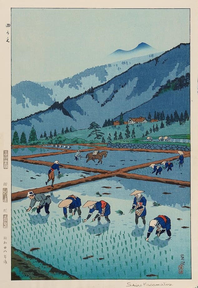 Kasamatsu Shiro's woodblock print of farmers planting rice seedlings in a flooded paddy field, with mountains in the background